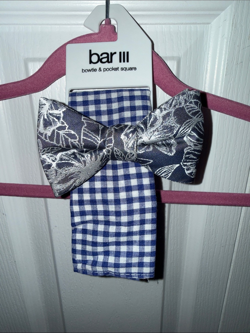 Bar III Navy & Silver Floral Bow Tie with Blue Gingham Pocket Square